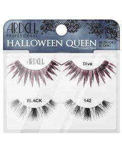 Front view of Ardell Halloween Queen 2 Pack Diva & 142 retail wall hook packaging displaying labelled false lash contents