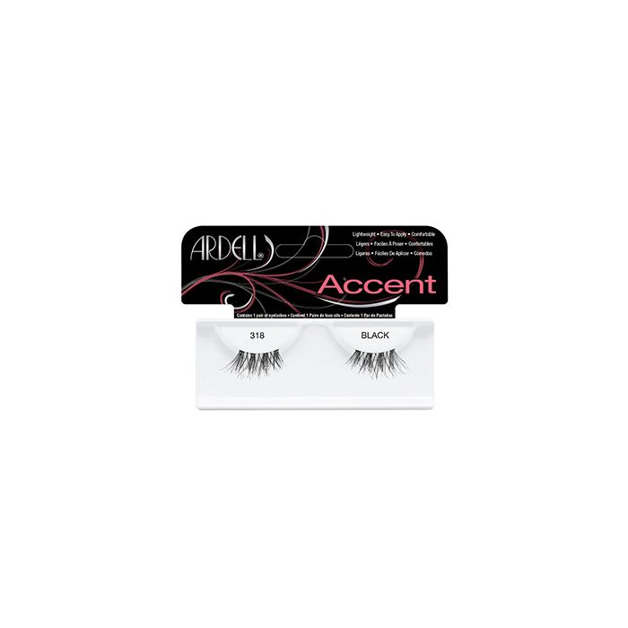 Frontage of an Ardell Accents 318-Black false lashes set in a wall hook ready retail packaging with printed "318 Black" text