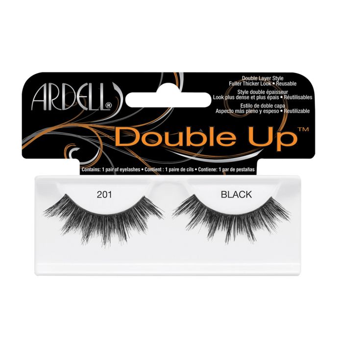 A pair of Ardell Double Up 201 featuring its elongated lash in the center with shorter inner and outer corners