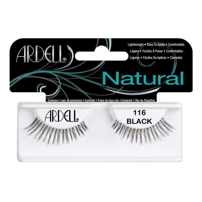 Front view of an Ardell Natural 116 faux lashes set in complete retail wall hook packaging