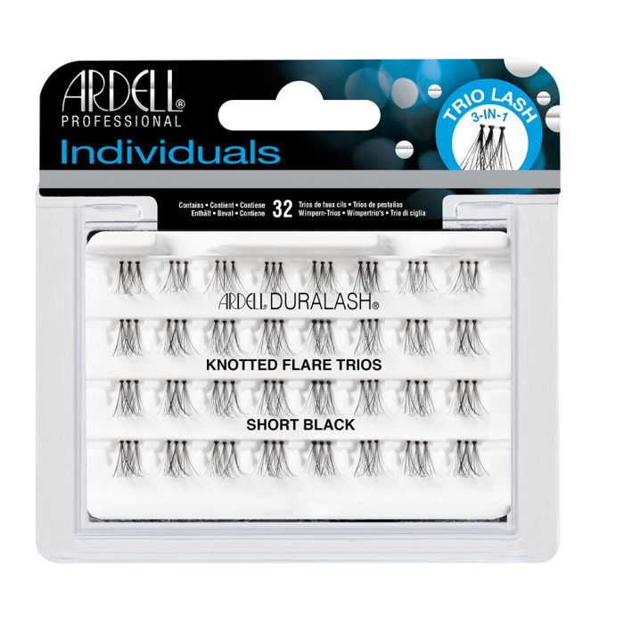 Front view of  an Ardell Duralash Knotted Flare Individuals Trios - Short faux lashes set in retail wall hook packaging