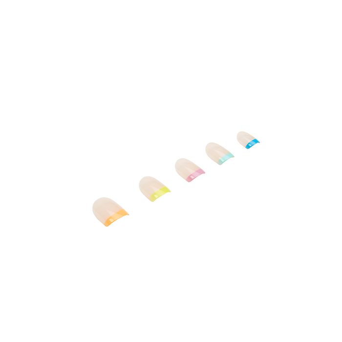 A set of Ardell Nail Addict  Artificial Nail with Rainbow french Tips laid down  in 45 degree angle