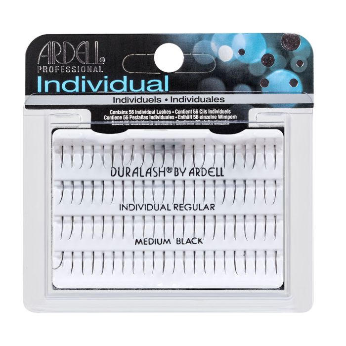 Front view of  an Ardell Knotted Singles Individuals - Medium faux lashes set in retail wall hook packaging