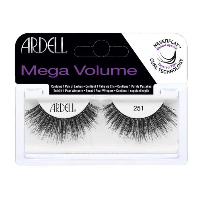 Front view of an Ardell Mega Volume 251 faux upper lashes set in complete retail wall hook packaging