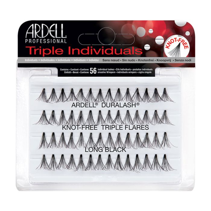 Front view of  an Ardell Knot-Free Flared Triple Lash Individuals, Long, 56- Count false lashes set in retail packaging