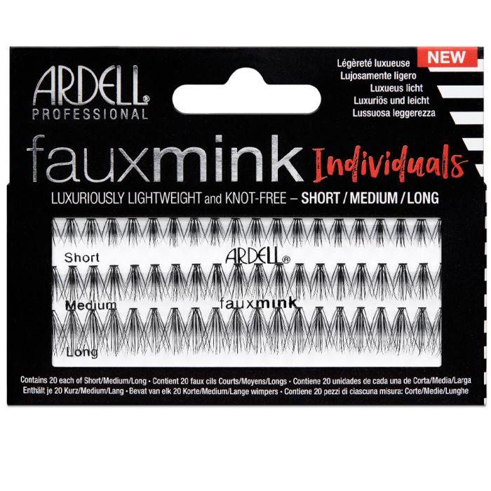 A Combo Pack of 60 individual enhanced lashes, Knot-Free Faux Mink by Ardell in different lengths - Short, Medium & Long