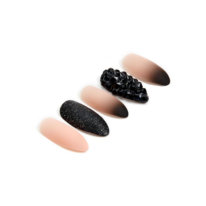 Ardell Nail Addict Artificial Nail set in black and pink ombre, studded with an almond shape 