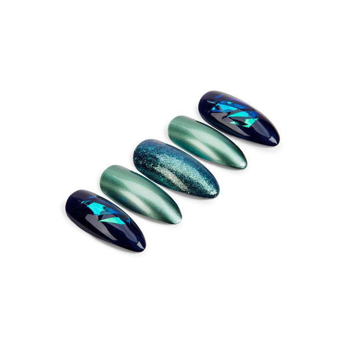 Ardell Nail Addict Artificial Nail in Green Glitter Chrome in an almond shape