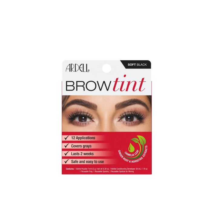 The front side of wall hook ready box of Ardell Brow Tint - Soft Black, with a sample photo of its salon-quality result 