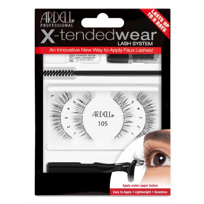 Front view of Ardell, X-tended Wear #105 lashes in retail wall hook packaging
