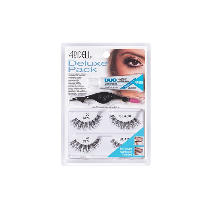 Set of Ardell Deluxe Pack contains two pairs of 120 lashes, DUO adhesive & soft-touch applicator inside its retail packaging