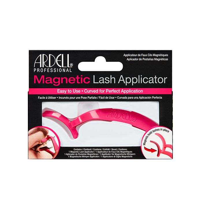Front view of pink Ardell Magnetic Lash Applicator inside black with pink accents retail wall hook packaging.