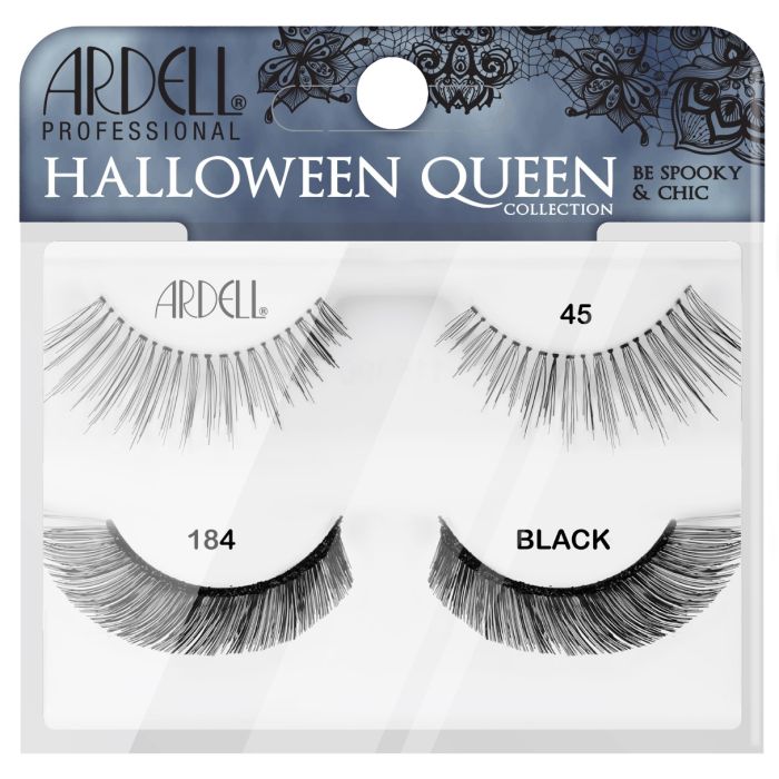 Ardell Halloween Queen 2 Pack 45 & 184 front view displaying 2 pairs of faux lashes labelled with their model number
