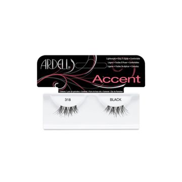 Frontage of an Ardell Accents 318-Black false lashes set in a wall hook ready retail packaging with printed "318 Black" text