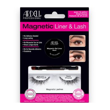 Ardell Magnetic  Liner & Lash Kit Demi Wispies in packaging showing magnetic gel liner, applicator brush, & false lashes