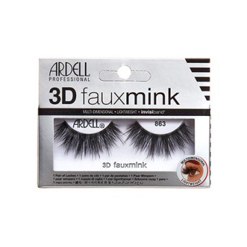 A pair of Ardell 3D Faux Mink 863 was placed into its retail packaging with features written on it
