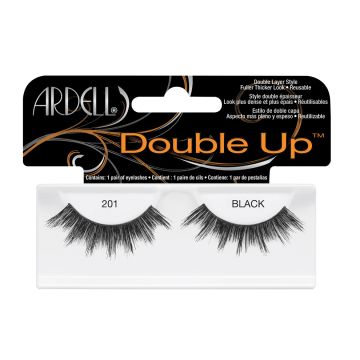 A pair of Ardell Double Up 201 featuring its elongated lash in the center with shorter inner and outer corners