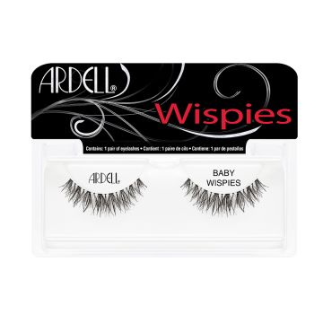 A pair of Ardell Baby Wispies placed on its retail wall hook with some texts on it
