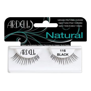Front view of an Ardell Natural 116 faux lashes set in complete retail wall hook packaging