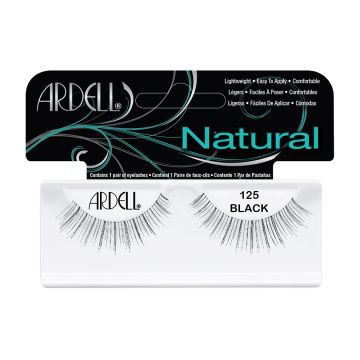 Front view of an Ardell Natural 125 faux lashes set in complete wall-hook ready retail packaging with printed text