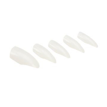 A set of Ardell Nail Addict Premium Artificial Nail with Clear Natural color in stiletto shape laid down  in 45 degree angle