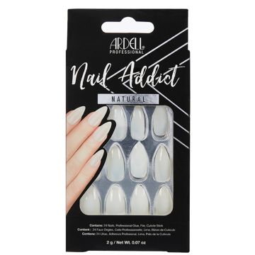 A frontage look of Ardell Nail Addict Premium Artificial Nail in Natural Stiletto variant with a wall hook ready packaging