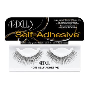 A single pair of Ardell Self Adhesive 105 Upper & Under Lashes for the left & right eye placed on its retail wall hook 