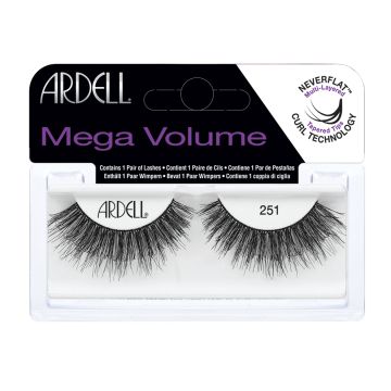 Front view of an Ardell Mega Volume 251 faux upper lashes set in complete retail wall hook packaging