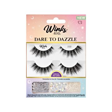 2 pairs of lashes on tray showing embellishments tool, and adhesive 
