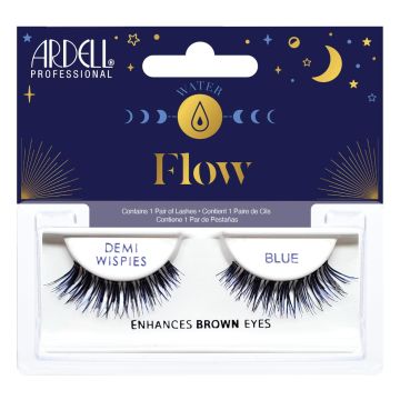 Ardell Elements Flow colored faux lash pair in creative packaging container with gold accent text and art and blue background