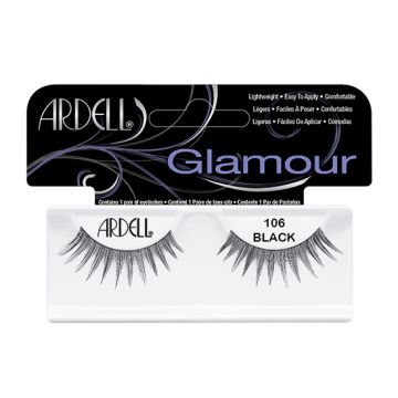 Pair of Ardell Natural 106 upper faux lashes in inner packaging labeled "Ardell" & "106 Black"