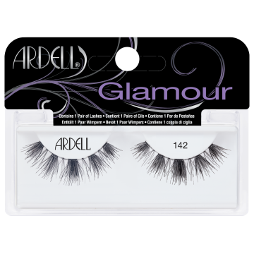 Front view of an Ardell Glamour 142 false lashes set in complete retail wall hook packaging