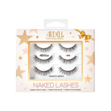 Front view of Ardell,3pk Holiday Naked 420 lashes in retail wall hook packaging
