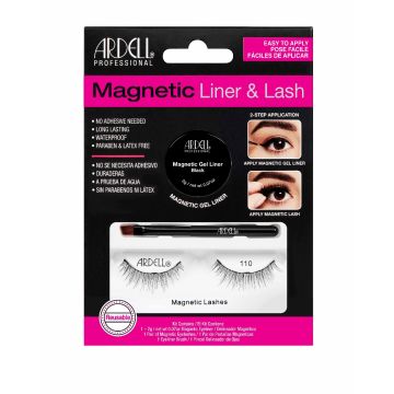 Ardell Magnetic  Liner & Lash Kit Lash 110 in packaging showing magnetic gel liner, applicator brush, & 1 pair of false lashes