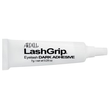 Capped 0.25-ounce tube of Ardell Lashgrip Strip Adhesive Dark laid on a 180-degree position