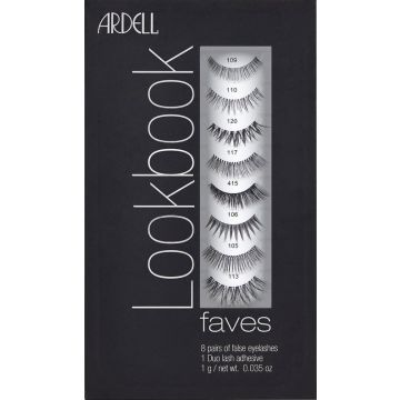 Front view of Ardell Lookbook Faves Lash Kit, 8 Pair retail box with printed label text of different types of lashes