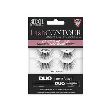 Front view of an Ardell Lash Contour 370 Eye-Opening false lashes set in retail wall hook packaging, with eyeliner/adhesive 