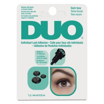 Back of  Ardell DUO Individual Lash Adhesive Dark 7g retail packaging featuring detailed application instructions