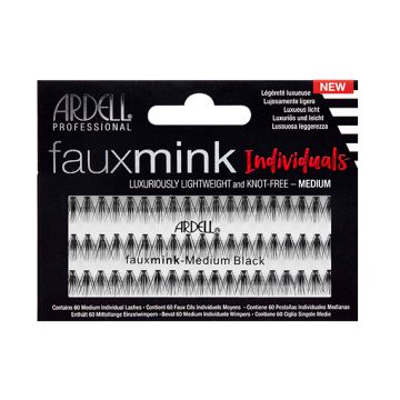 A box of 60 Medium individual Faux mink lashes by Ardell with text  describing the lashes